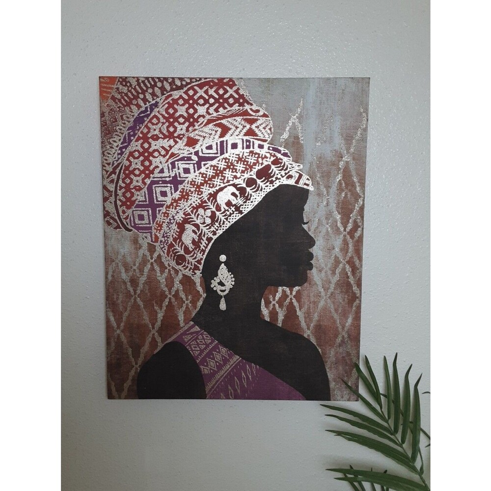 African Woman Silhouette Colorful Turban Jewely Canvas Wall Art